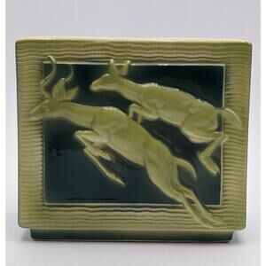 Vintage Royal Copley Pottery Vase Leaping Deer Relief Green Mid Century
